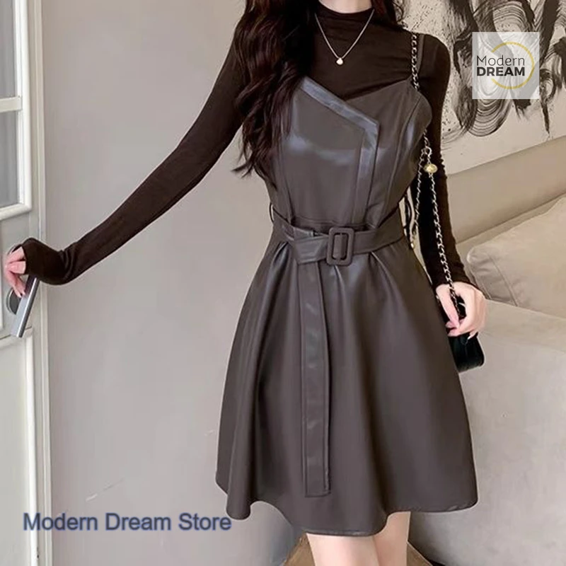 

Korean style leather two-piece dress women's autumn and winter new temperament long sleeves waist slim fashion casual suit.
