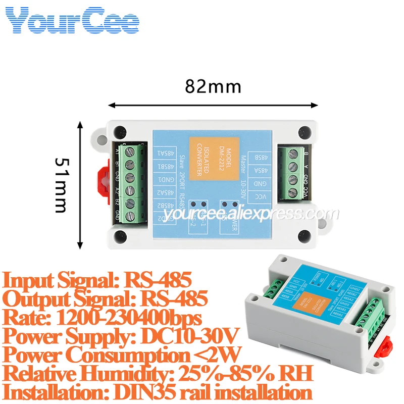2 Channel Way RS485 to RS485 Repeater DM-2212 Photoelectric Optocoupler Isolation Industrial Grade  Communication Converter