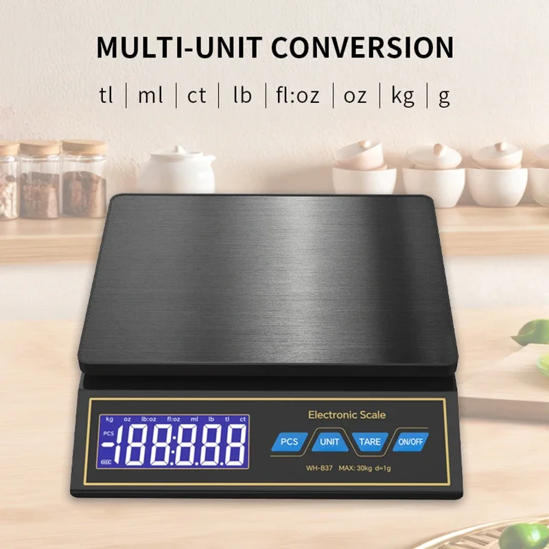 30kg/66lb Digital Kitchen Scale Stainless Steel USB Charging Electronic Scale with Counting Function Measuring Weighing Tool