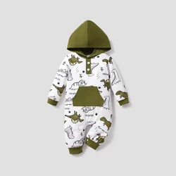 PatPat Baby Boy Buttons Front Dinosaur Pattern Long-sleeve Hooded Jumpsuit Perfect for Outings and Daily Wear Basic Style