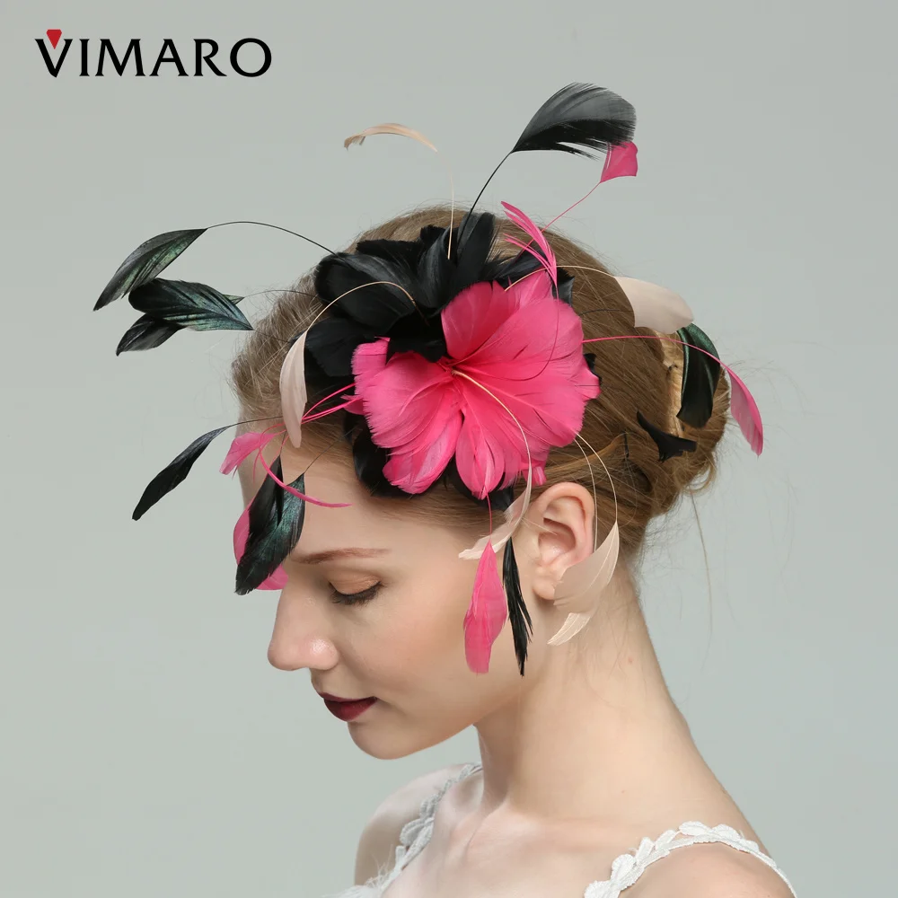 VIMARO Fuchsia and Black Feather Fascinators for Women Elegant Hair Accessories Fascinator Hats for Women Wedding and Church