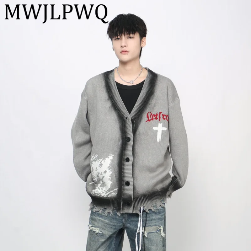 

MWJLPWQ American High Street Design Spray Paint Men's Sweater Trendy Single Breasted Casual Couple Lazy Style Knitted Tops 21116