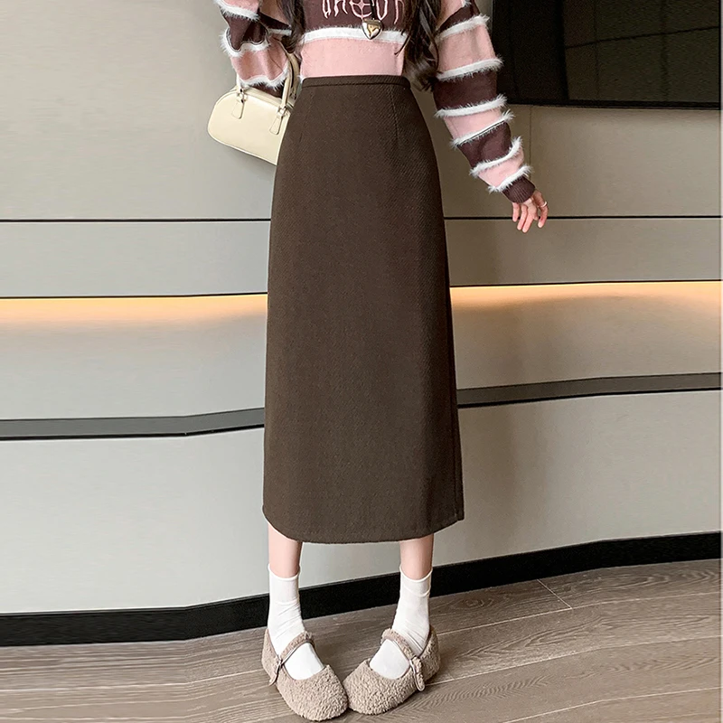Elegant Office Winter Long Skirts Woman Vintage High Waisted Woolen Split Wrap Bodycon Pencil Skirt Brown Black Pink Skirt Women