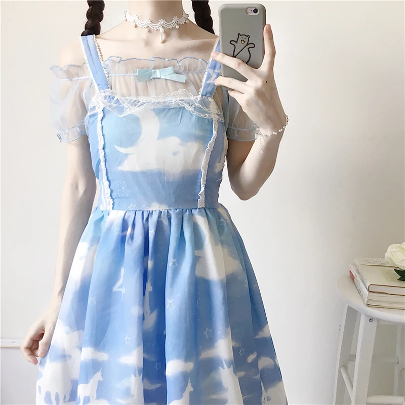 Summer Mesh Short Sleeve Lolita Tops Women Sweet Transparent Kawaii Princess Bow Shirt  Mori Girl Fairy Sheer Thin Bottom Blouse