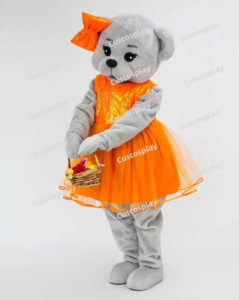 Christmas Orange Dress Teddy Bear Mascot Costume Grey Bear Character Amusement Parkfunfair Animation Fancy Dress Halloween Par