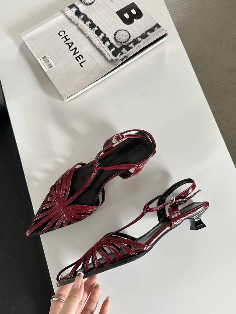 Black Pointed Sandals Summer 2024 New Women Niche Design Female One-line Button Hollow-out Roman High-Heeled Woman Shoes