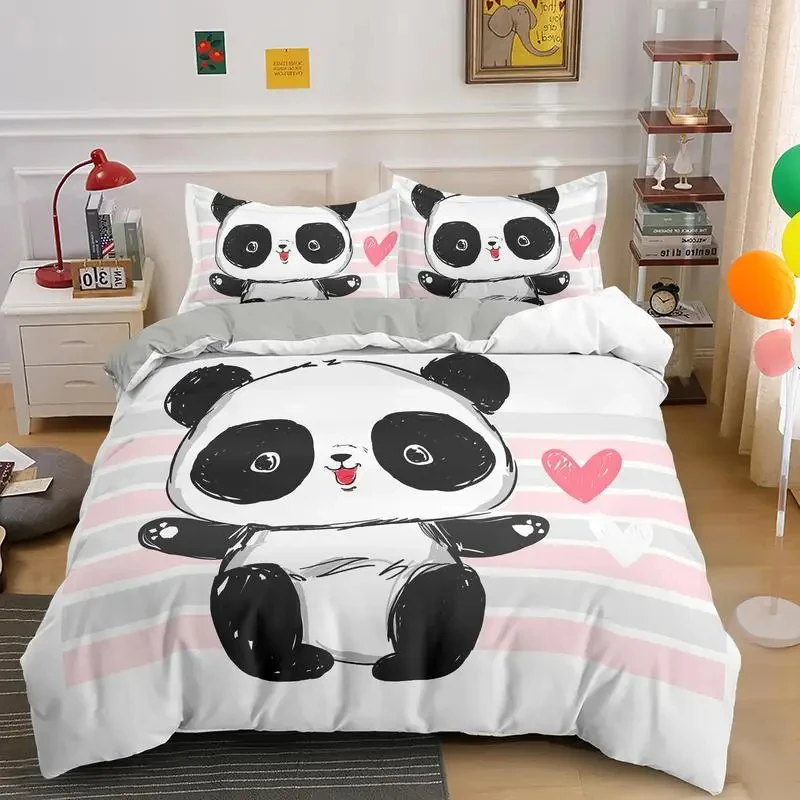 Cartoon Panda Duvet Cover Set for Boys Girl Teen Room Dorm Soft Microfiber Animal Theme Panda Bedding Set Double Queen King Size