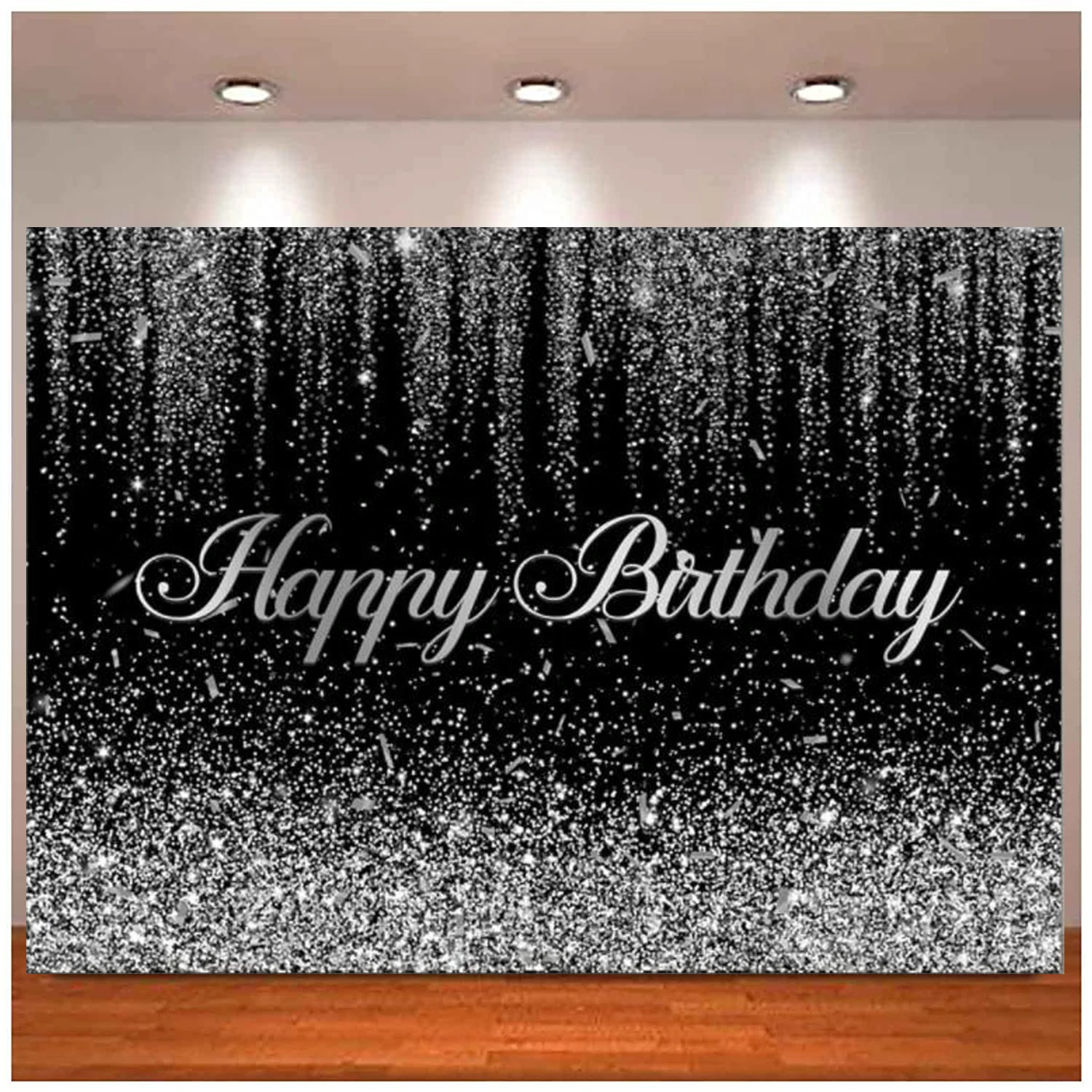 Black Silver Birthday Photography Backdrop Confetti Sweet 16 30th 40th 50th 60th 70th Bday Background Adult Party Banner Decor