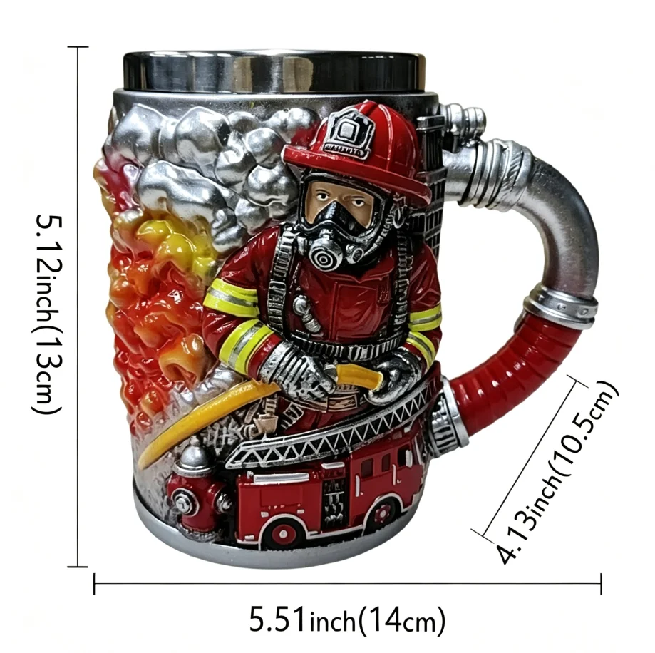 Fireman 3D Relief Resin Mug, Stainless Steel Liner Beer Tankard, Creative Firefighter Souvenir, Bar Tabletop Decor Drinkware