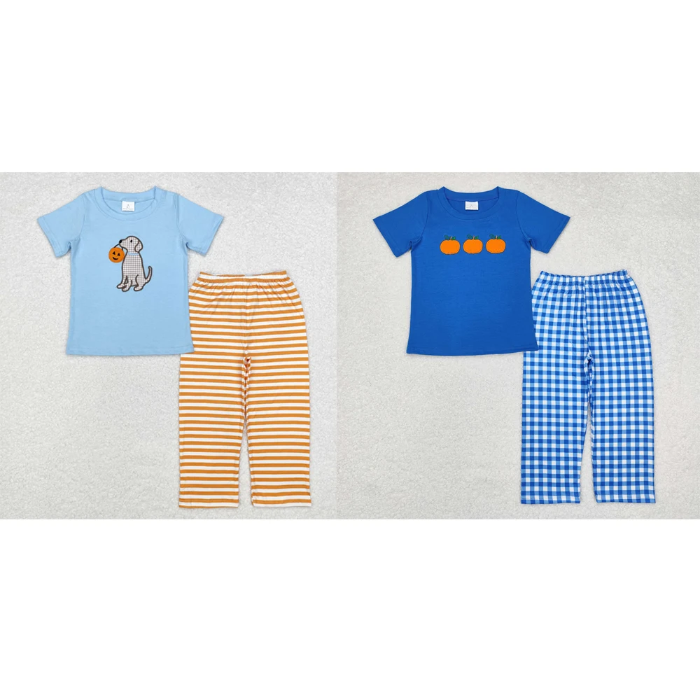 

Wholesale halloween children clothing western boutique Embroidered pumpkin puppy blue short sleeve orange striped pantsuit