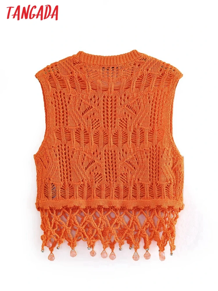 Tangada 2023 Summer Women Beading Orange Hollow Knit Camis Crop Top Sleeveless Short Tank AB27