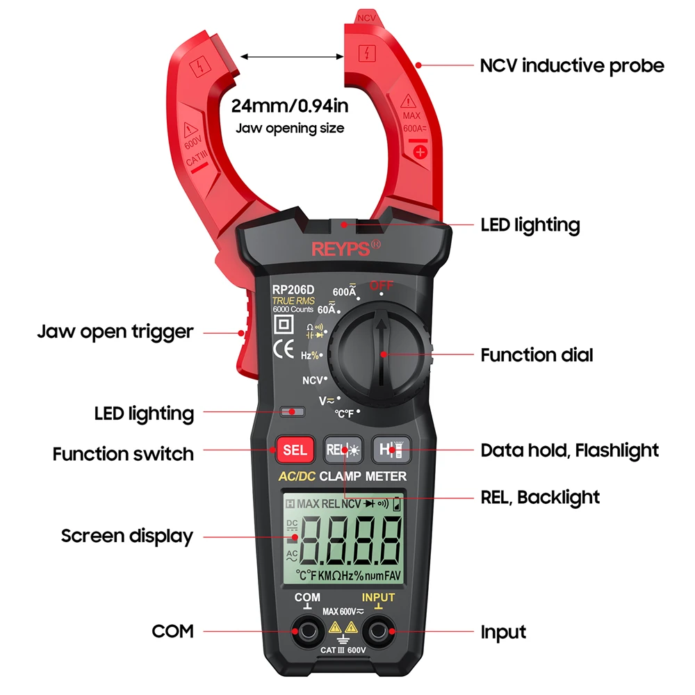 REYPS RP206 Digital Clamp Meter 600A AC DC Current Pliers Ammeter Voltmeter NCV Capacitor Tester Ohm Meter Electrical Multimeter