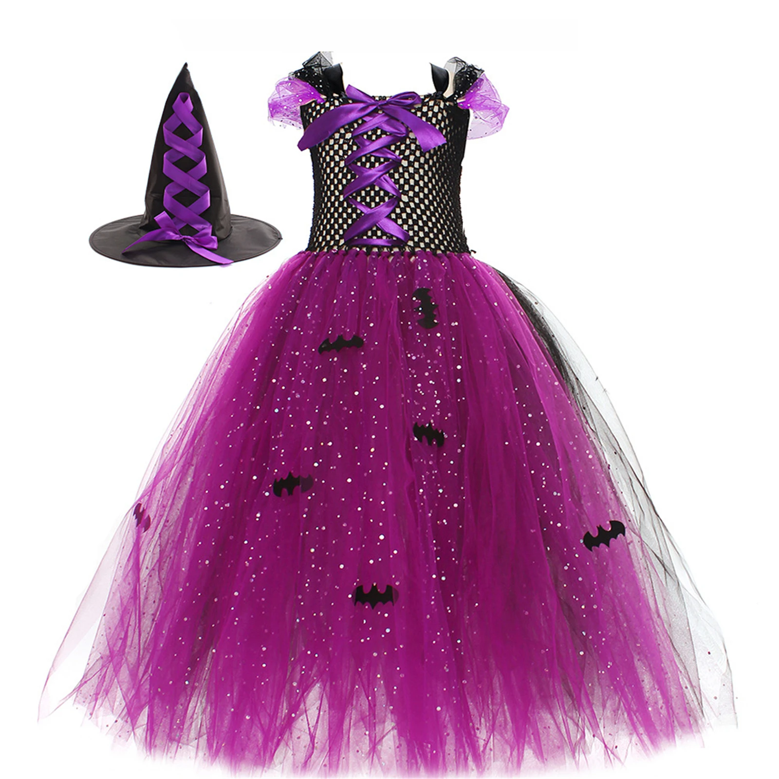 

Girl Halloween Witch Sequin Chiffon Dress Pumpkin Puffy Skirt With Witch Hat Broom Shiny Birthday Party Dress Fairy Dress Up