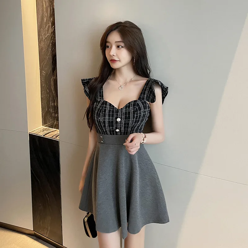 2022 Nightclub deep V low-cut sexy dress fashion matching color slim body cover belly A place technician