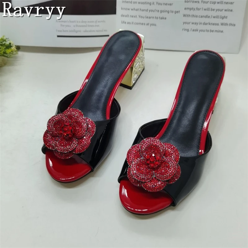 

Sparkling 3D Rose Peep Toe Women Slippers Luxury Design Rhinestone Decor Thick Heels Mules Fashion Runway Party Dress Shoes