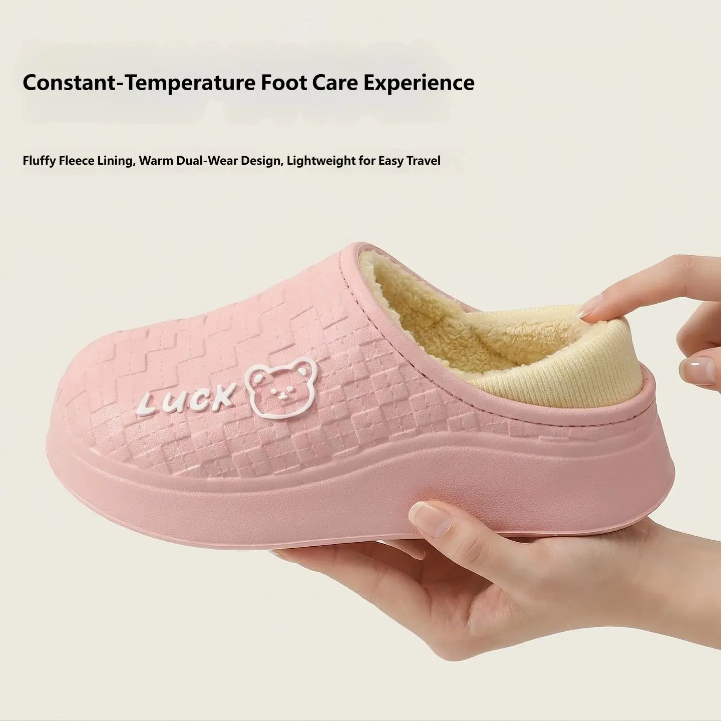 Cute Bear Print Warm Slippers Dual-Wear Waterproof EVA Winter House Shoes with Removable Machine Washable Lining Anti-Slip