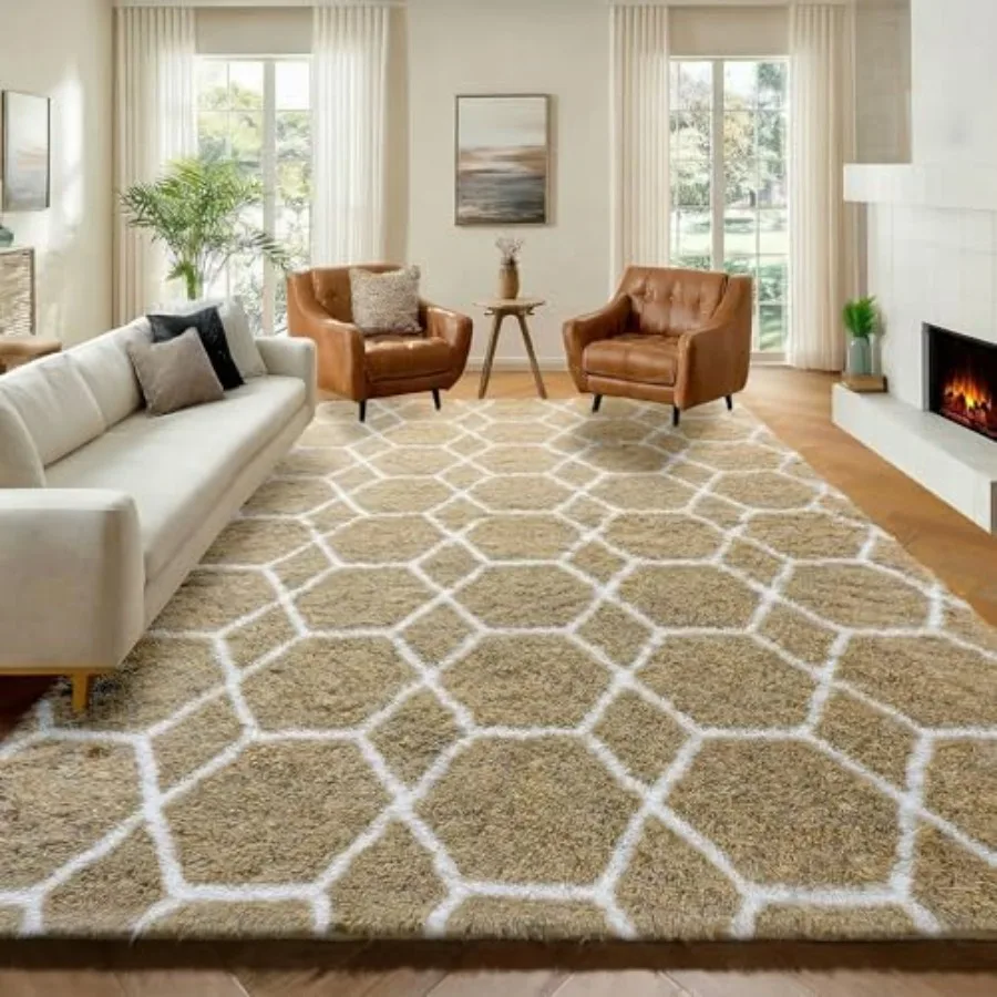 

Living Room Area Rug 6x9, Beige and White Geometric Shaggy Rug for Bedroom Dorm Office, Soft Fuzzy Plush Moroccan Carpet