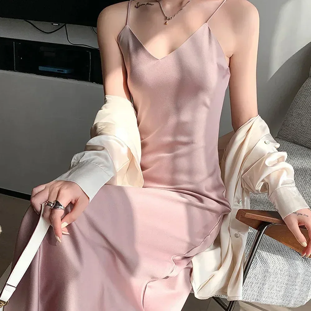 Satin Women Slip Long Dress Sexy V-Neck Sleeveless Backless Female Maxi Dresses Spring New Elegant Loose Lady Robes