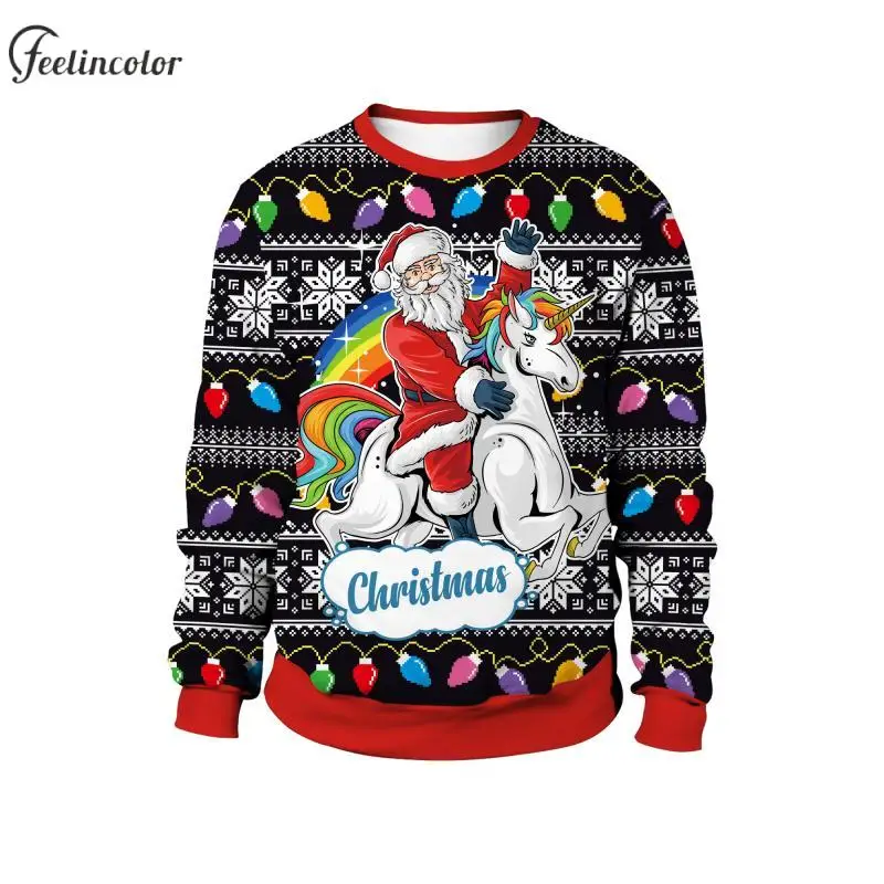 

Santa Claus Print Men Ugly Christmas Sweatshirts Riding A Unicorn Graphic Pullover Red Crewneck Hoodies Autumn Couple Streetwear