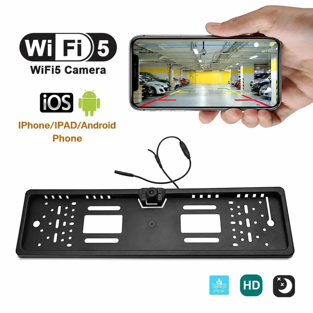Nouvelle caméra de recul WiFi pour voiture 170 °   Cadre de plaque d'immatriculation UE avec caméra de recul HD étanche à vision nocturne pour iOS/Android
