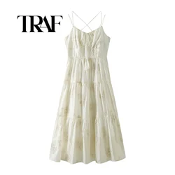 TRAF Casual Women White Embroidery Spliced Sling Dress Summer Vintage Square Collar Sleeveless Female Chic Long Dress﻿