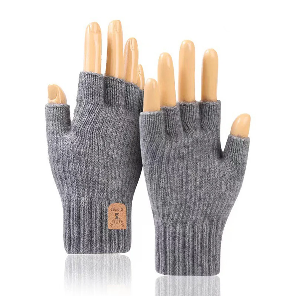 Winter Gloves For Men Half Finger Writting Office Cycling Knitted Gloves Students Alpaca Wool Warm Thick Elastic Driving Gloves