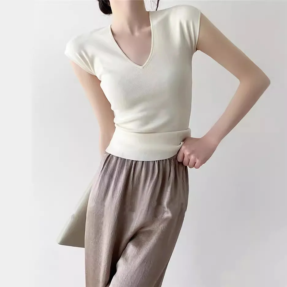 

7065 Summer New French Style Off-White V-Neck Flutter Slim Fit Cool Breathable Short Sleeve T-Shirt For Women