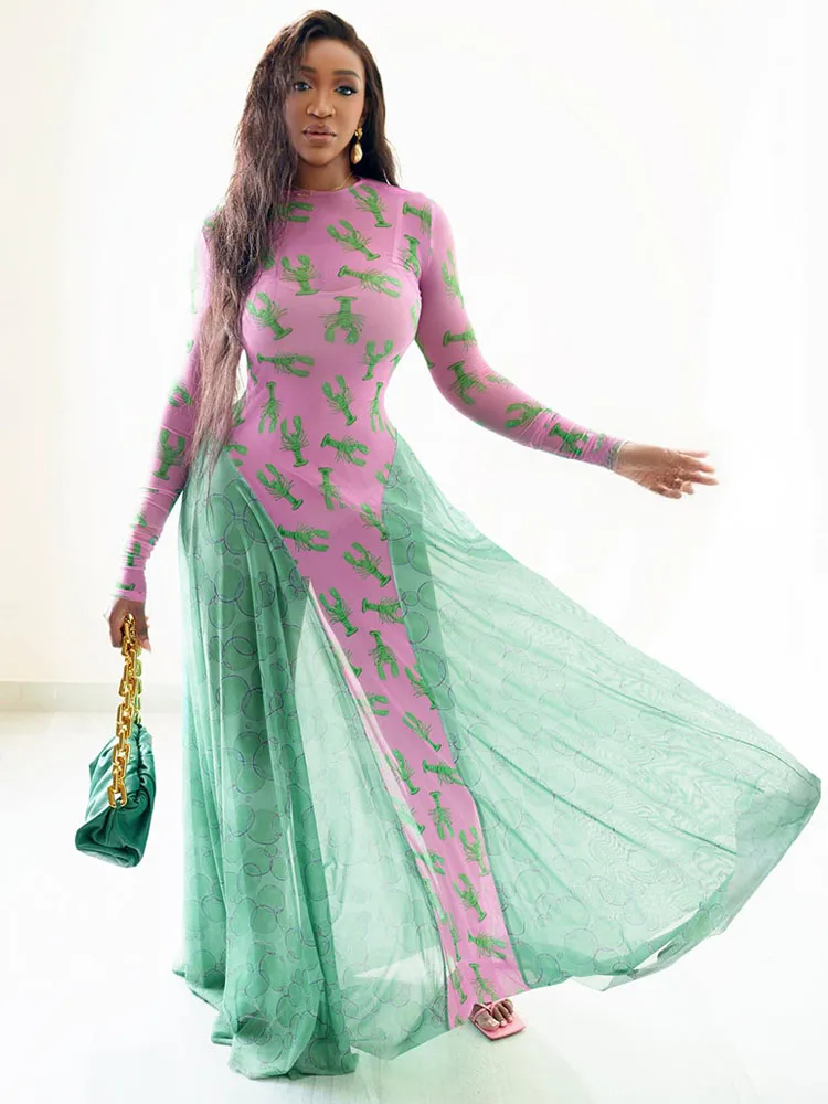 

Длинное платье BKQU в стиле пэчворк с контрастными вставками, с принтом рака, круглым вырезом, длинными рукавами, полупрозрачное, весеннее, шикарное, элегантное, для отпуска, макси-платье