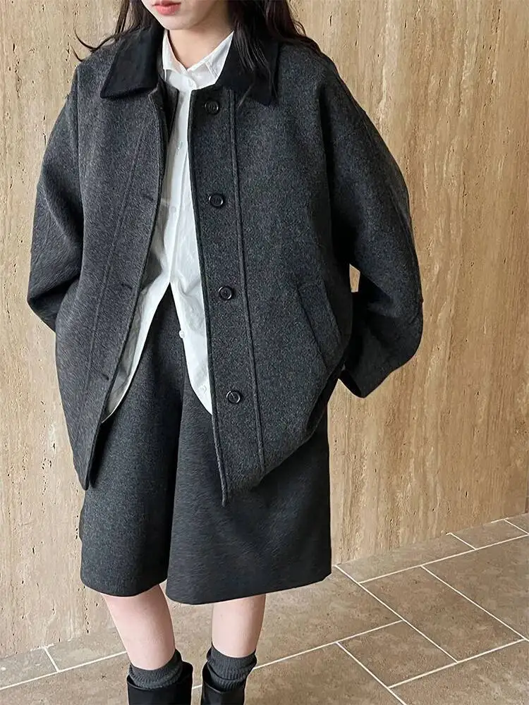 Tlxt elegante feminino lã trench lapela único breasted contraste cor emendado manga longa grosso quente jaquetas feminino inverno novo
