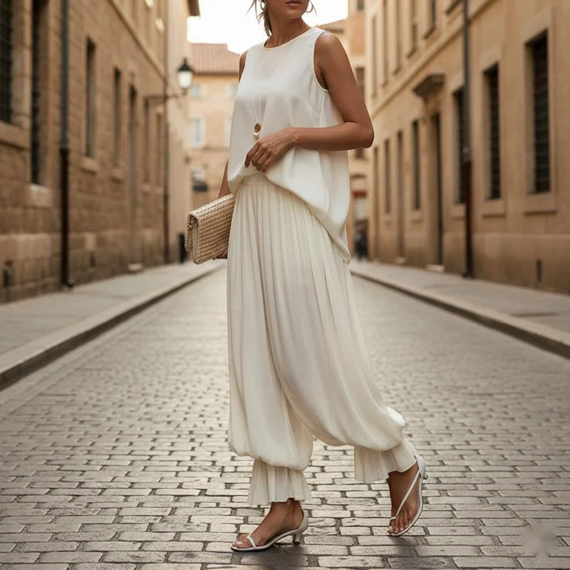 Women's High Waist Pleated Balloon Pants Wide Leg Loose Lantern Trousers Flowy Palazzo Pants Casual Holiday Resort Wear Summer