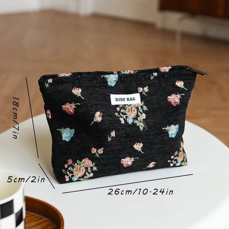 DJDF Women\'s Cosmetic Bag Vintage Black Background Flower Skincare Product Storage Bag Portable Travel Toiletry Bag Coin Purse