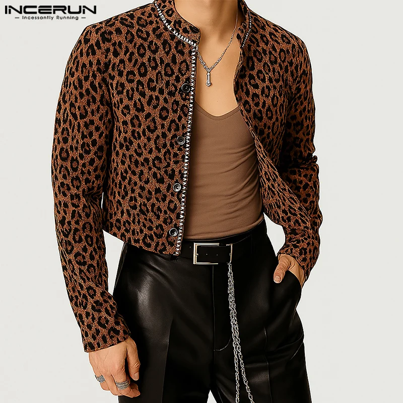 

INCERUN Men Jackets Leopard Print Patchwork Lapel Long Sleeve Button Male Crop Coats Streetwear 2025 Fashion Casual Jackets Men