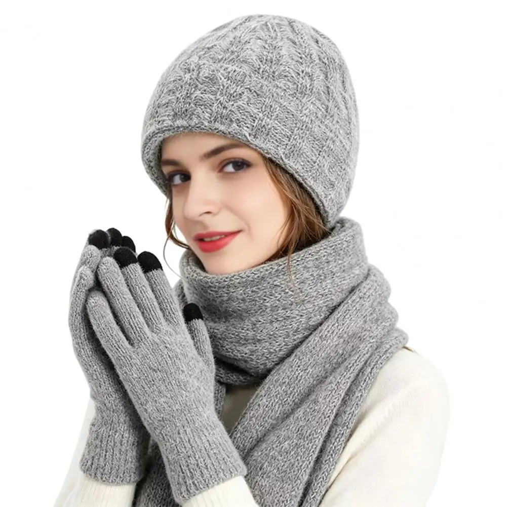Windproof Thermal Cap for Outdoor Activities Winter Hat Scarf Gloves Set for Women Warm Knitted Touchscreen Mittens for Weather
