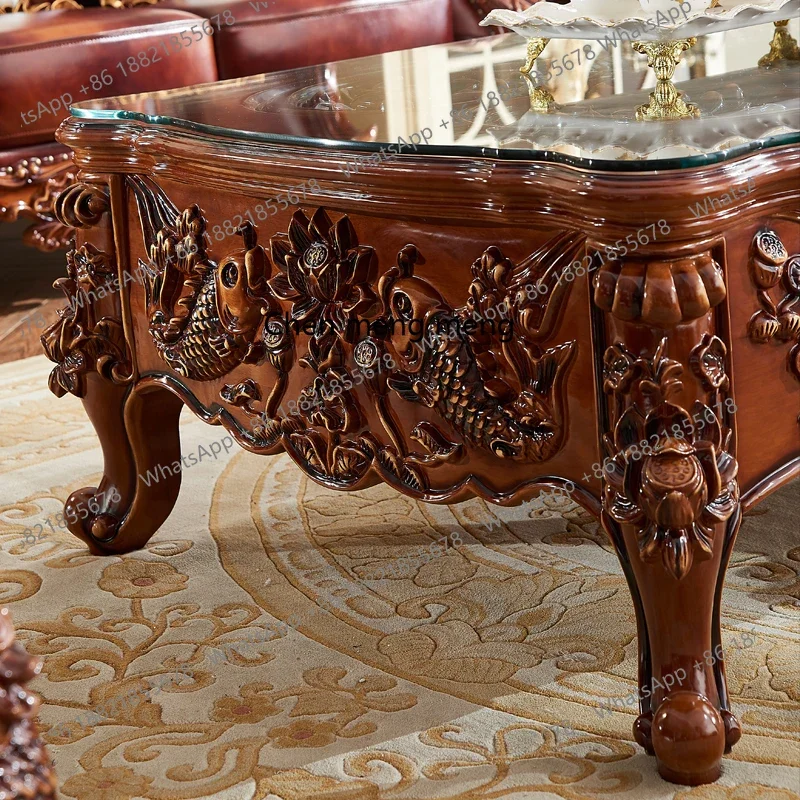 

European natural marble oak carved coffee table TV cabinet combination new