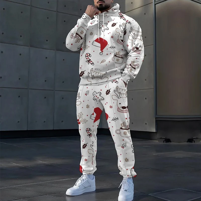 Fashion Elk Snowflake Long Sleeve Hoodie & Pants Suits For Male Tracksuit Casual Drawstring Sweatshirt Two Piece Set Men Outfits