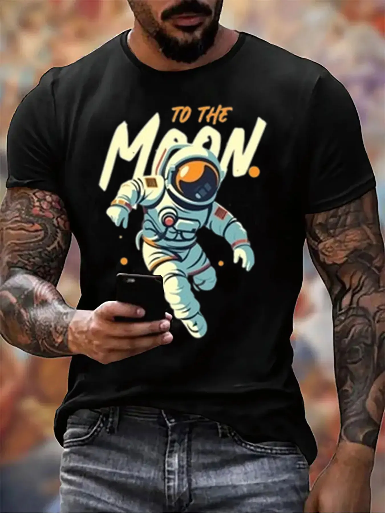 

Men's Cotton To The Moon Print Tee For Christmas Gift, Soft Crew Neck Shirt For Casual Wear, Top For Him