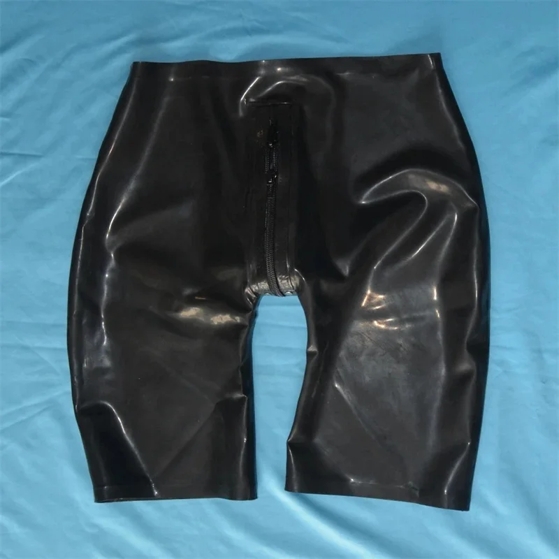 Handmade Rubber Trousers Latex Shorts for Men with 2 Way Crotch Zippers Half Length Pants