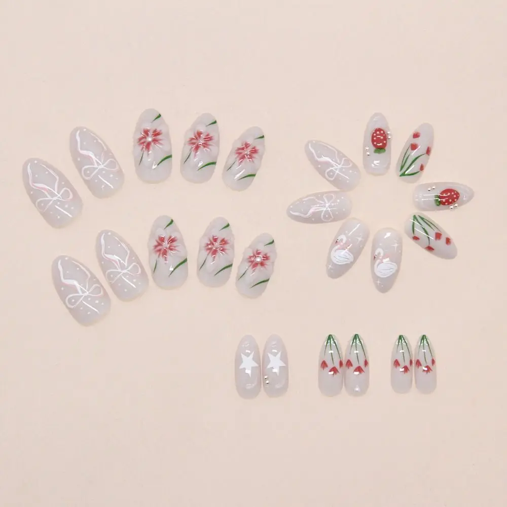 

24pcs Long Almond False Nails Starry Golden Ripple Aurora Strawberry Fake Nails Detachable French White Edge Press on Nails