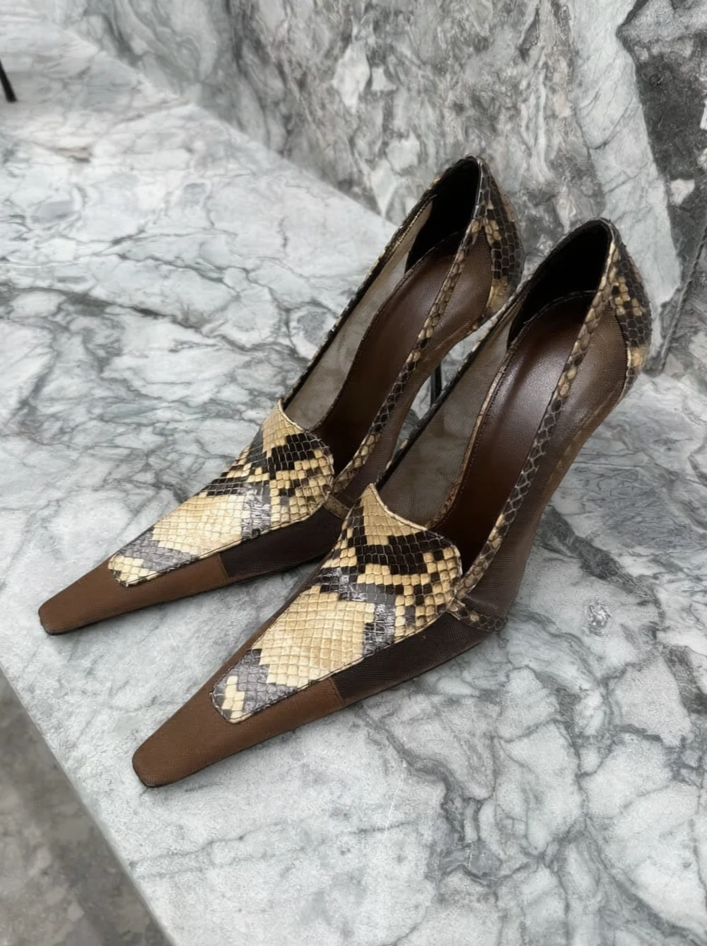 Elegant Mixed Design Snake Print High Heel Pumps Brown Upper Small Square-Toe Stiletto Heels Fashion Daily Shoes