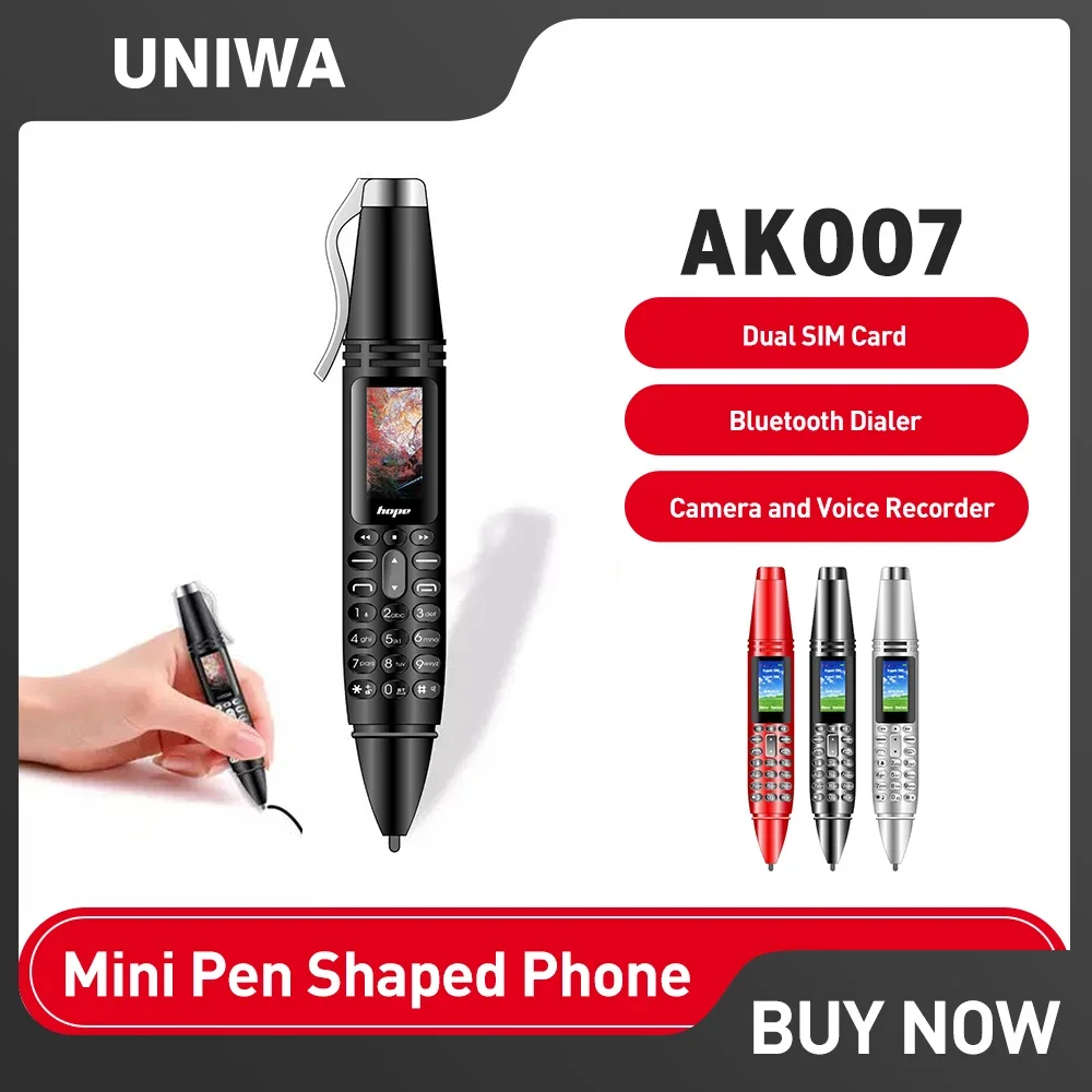 UNIWA AK007 2G GSM Mini telefon w kształcie pióra 0,96 "podwójne SIM telefon komórkowy Dialer magiczny głos MP3 FM dyktafon telefon komórkowy na sprzedaż