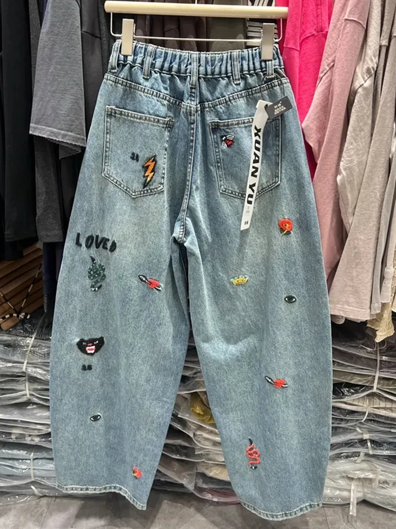Plus size 5xl 140kg outono vintage jeans elástico wasit bordado jeans para mulher calças de perna larga tamanho grande jeans pano de grandes dimensões