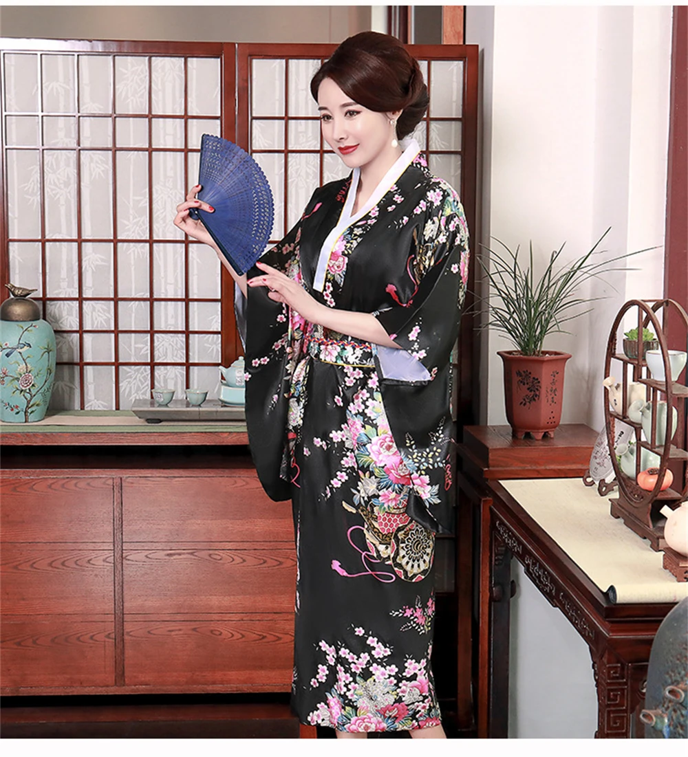 Traditional Japanese Satin Kimono Bathrobe With Obi Women Floral Print Nightgown Yukata Novelty Gown Bridal Homewear Sleepwear