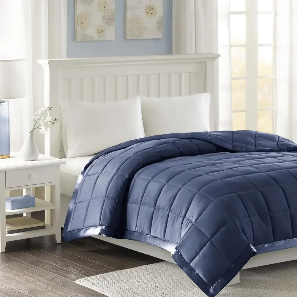 Lightweight Down Alternative Blanket with Satin Trim Moisture Wicking & Hypoallergenic Full/Queen Size Blue Color OEKO-TEX