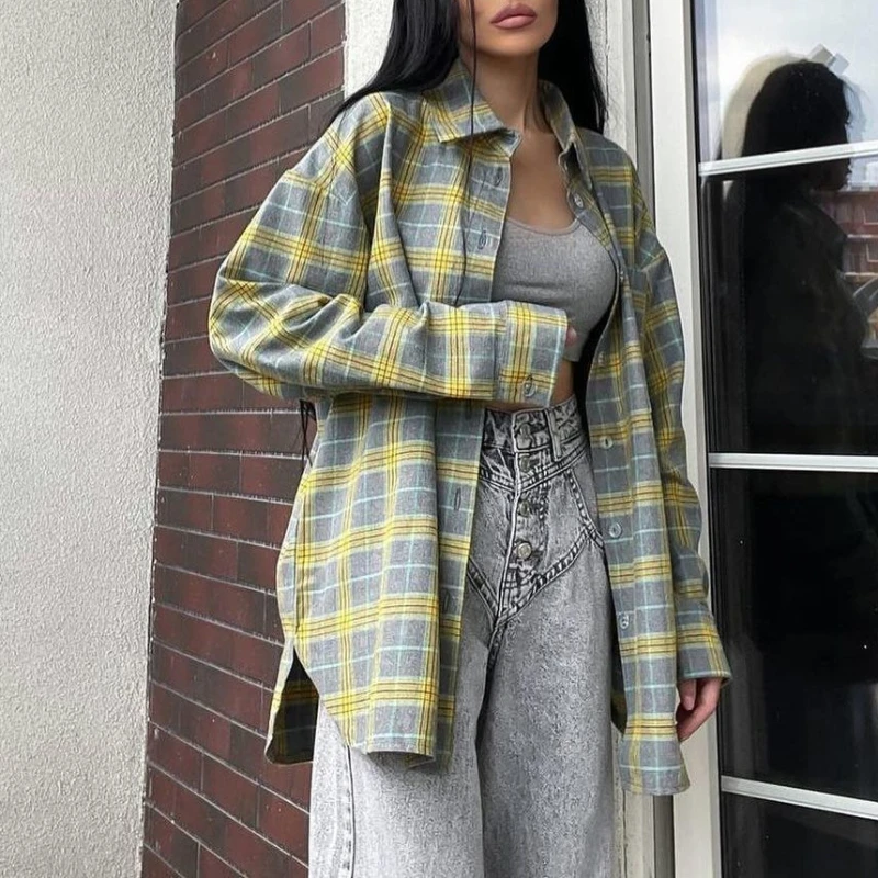Casualowa koszula w kratę w kratę Luźna koszula z długim rękawem i guzikami Długa kurtka koszulowa 2025 Wczesna wiosna Moda dojeżdżająca do pracy Odzież damska