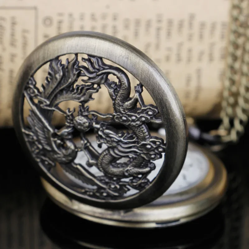 Vintage Bronze Engrave Chinese Style Dragon Design Quartz Pocket Watch With Necklace Chain Best Gift