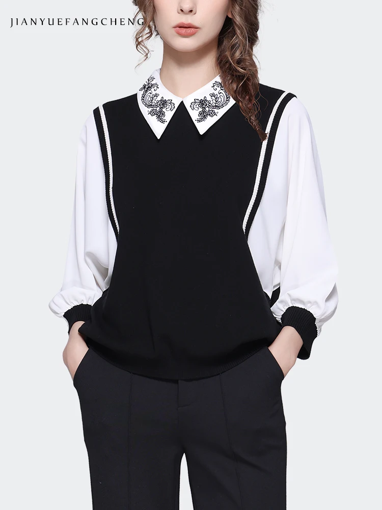 2023 Autumn Women Polo Shirts Fake Two Piece Loose Knitted Shirt Spliced Knitted Top Embroidered Lantern Sleeve Women's Shirt