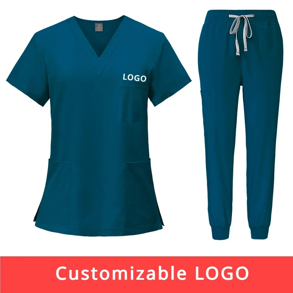 Aanpasbare LOGO Scrubs Uniform Pak Korte Mouw Tops + joggingbroek Set Verpleging Uniform Dierenarts Scrub Medische Werkkleding