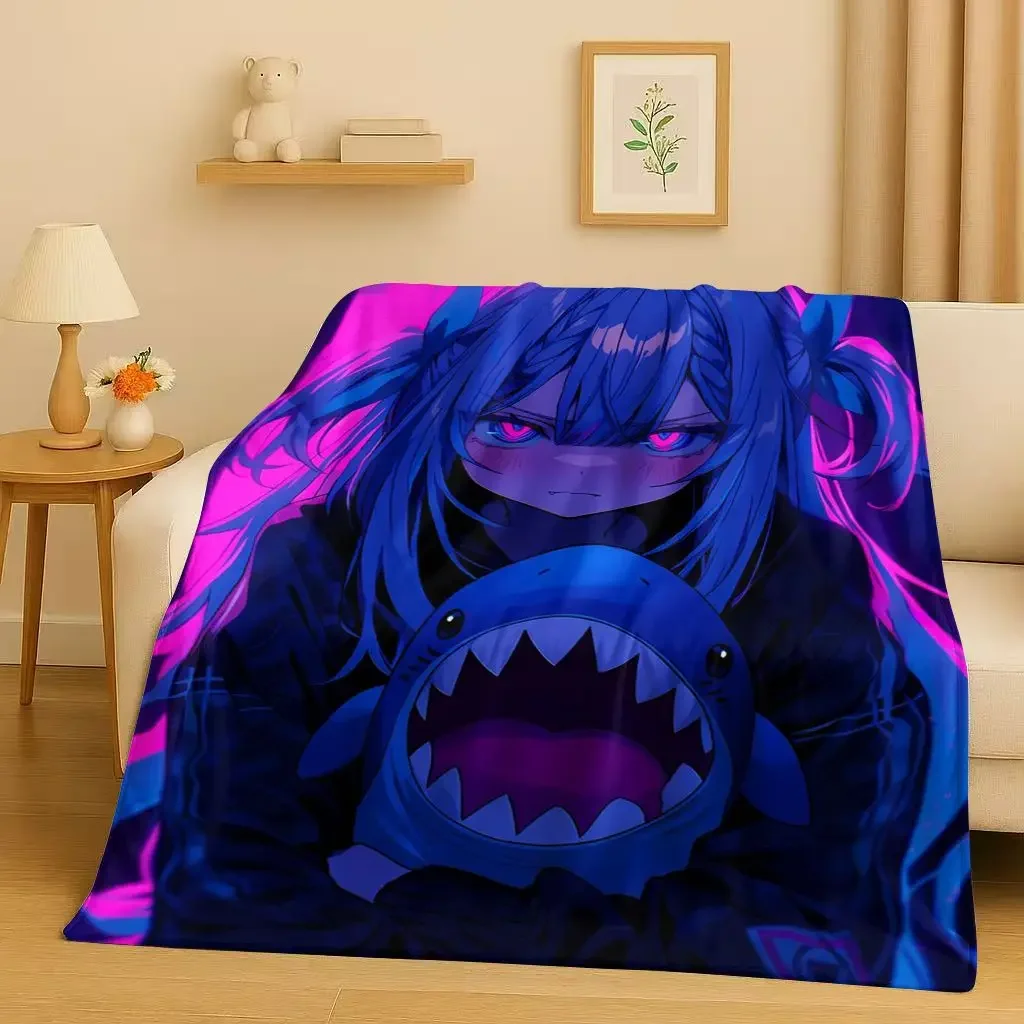 3D Anime Gawr Gura Hololive Cartoon Cute Girl Flannel Blanket,Ultra Soft Warm Plush Throw for Home Bedroom Bed Sofa Cover Gift