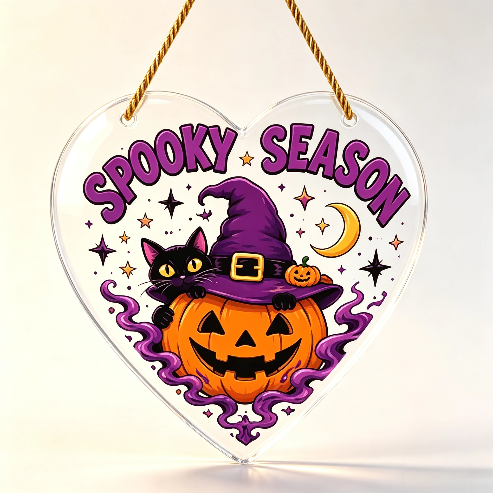 Heart Acrylic Halloween Hanging Plaque, Cute Black Cat Inside Jack‑o‑Lantern Purple Magic Smoke Indoor Wall Ornament