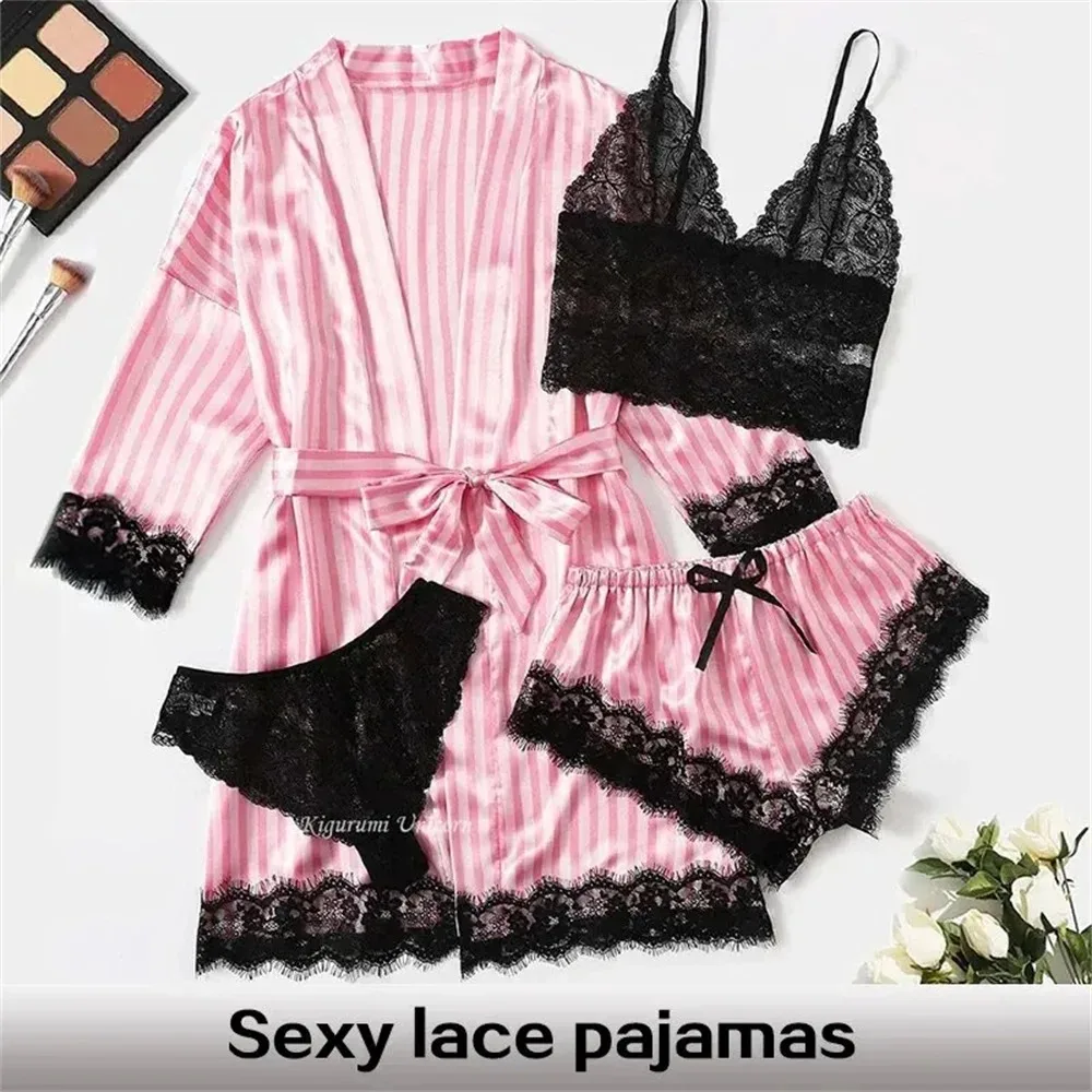 4 pcs SetSexy Pajama Pants Home Clothes Women\'s Summer Fashion and Comfortable Nightwear Lace Satin with Silk Sleepwear Robe